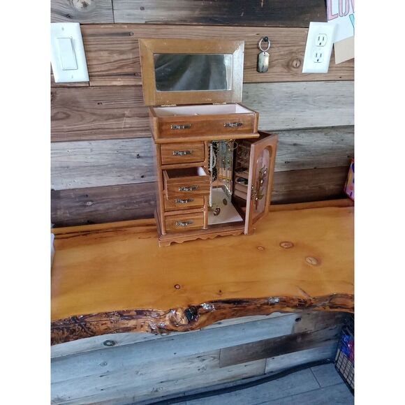 VTG Oak Mid Century Jewelry Box Armoire Painted Glass Flowers